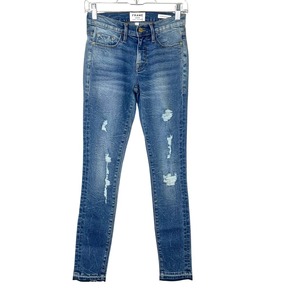 NWOT FRAME Le Skinny De Jeanne Mid-Rise Skinny Distressed Jeans Raw Hem Size 27